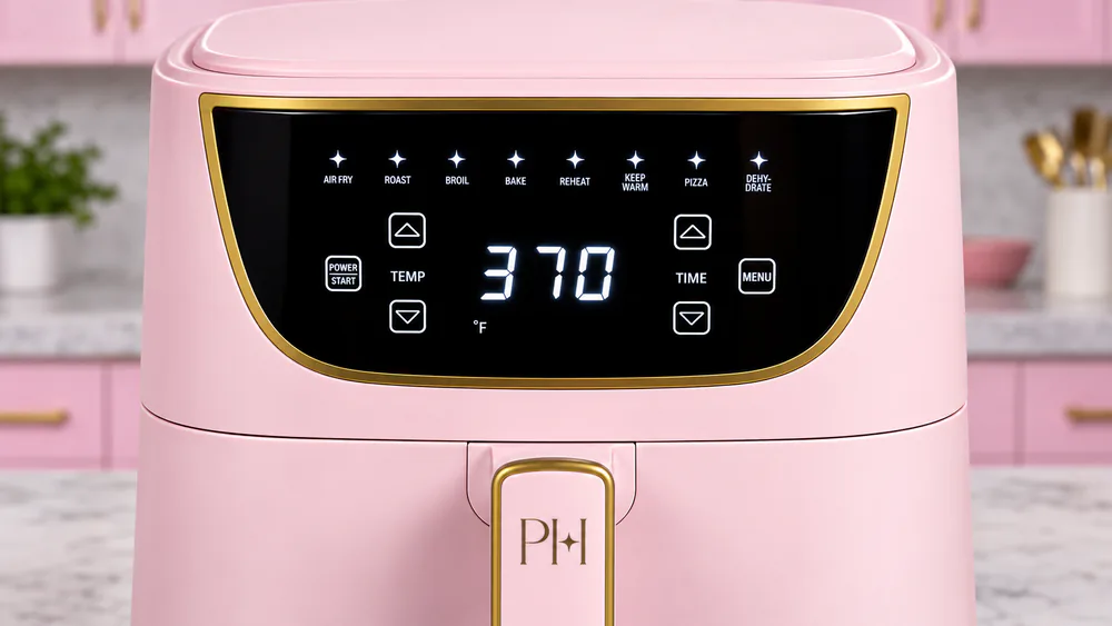 Close-up of the illuminated touchscreen control panel on the pink Paris Hilton air fryer showing the eight preset icons