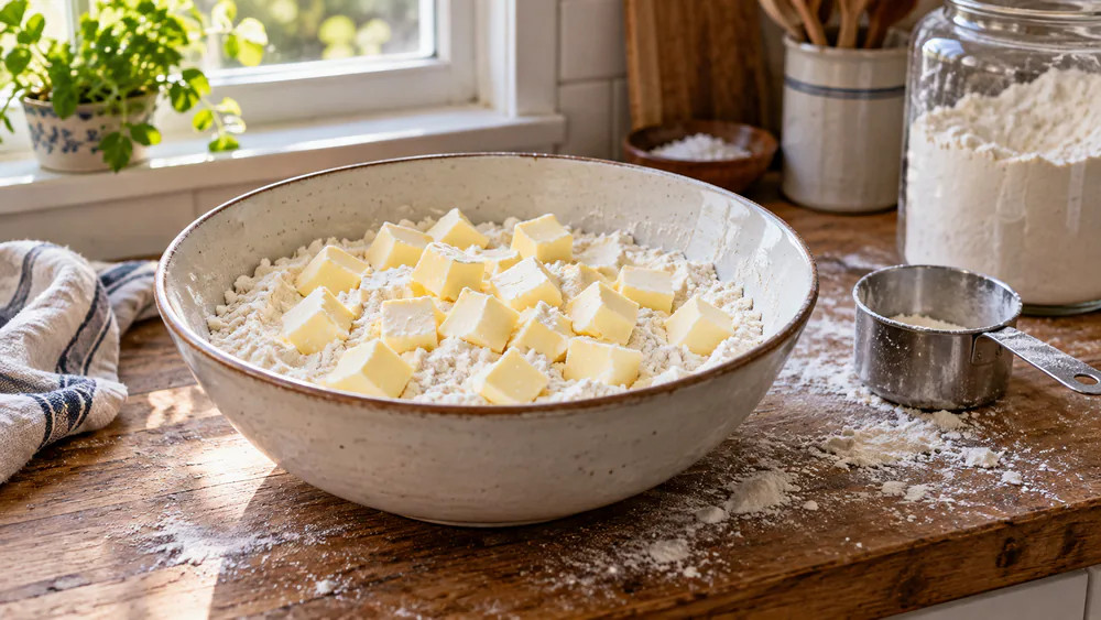 Cubes of cold butter scattered across a bowl of flour on a floured wooden board, ready to be cut with a pastry blender.