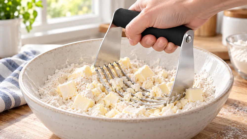 A hand pressing a Spring Chef stainless blade pastry blender down into a bowl of flour and cold butter, cutting the fat into small pieces.