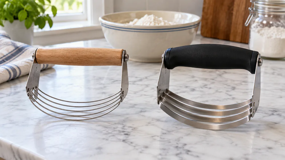A wire-style pastry blender and a flat-blade stainless pastry blender laid side by side on a marble counter to compare their cutting heads.