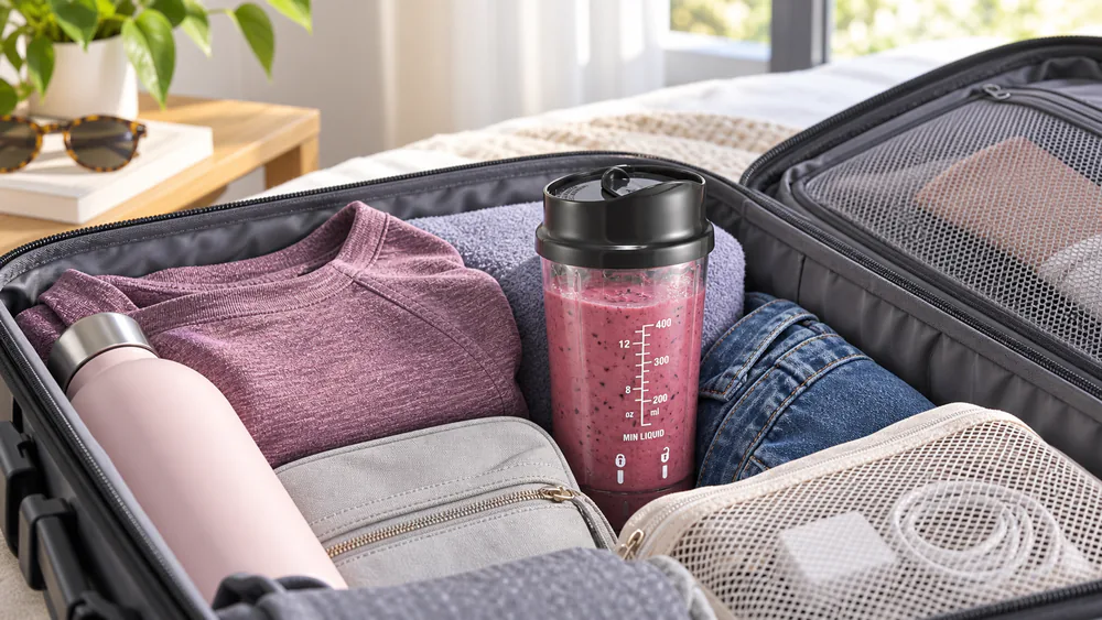 A Hamilton Beach jar with its sliding travel lid packed in a suitcase.