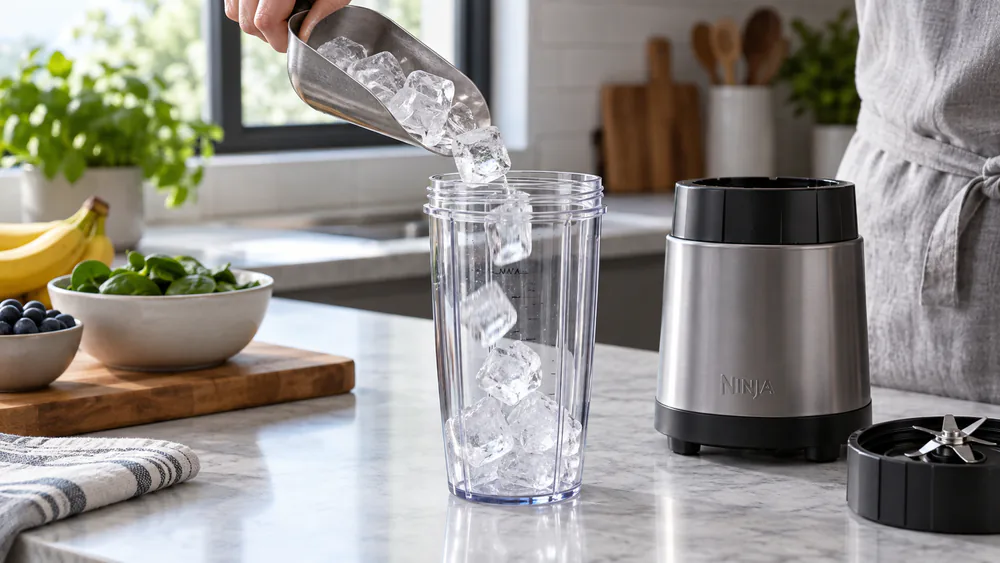 Ice cubes being tipped into a blender jar.