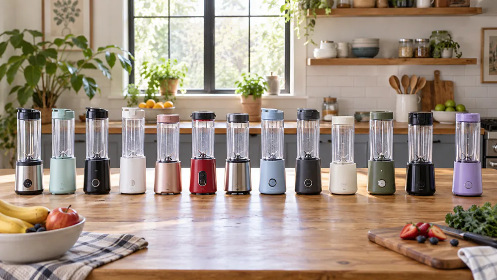 Thirteen personal blenders lined up on a test bench.