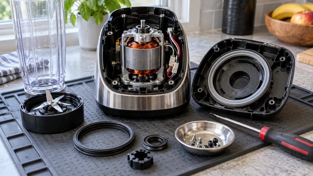 An open blender base with motor, wiring, and seals visible.