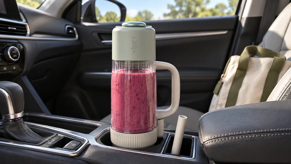 A BlendBoss tumbler with its flip-cap lid closed in a car cupholder.