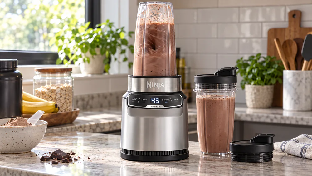 A Ninja BN401 blending a protein shake in its 24-ounce to-go cup.