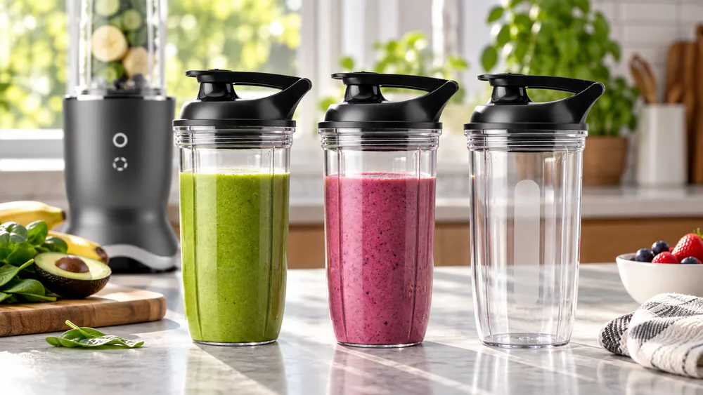 Three NutriBullet Ultra cups with to-go lids on a kitchen counter.
