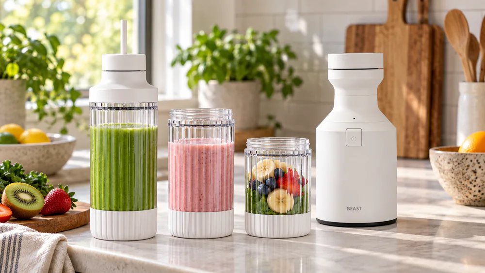 The Beast Mighty 850 Plus base with its three Tritan vessels lined up in front, the 26 oz XL cup wearing the spill-proof drinking lid.