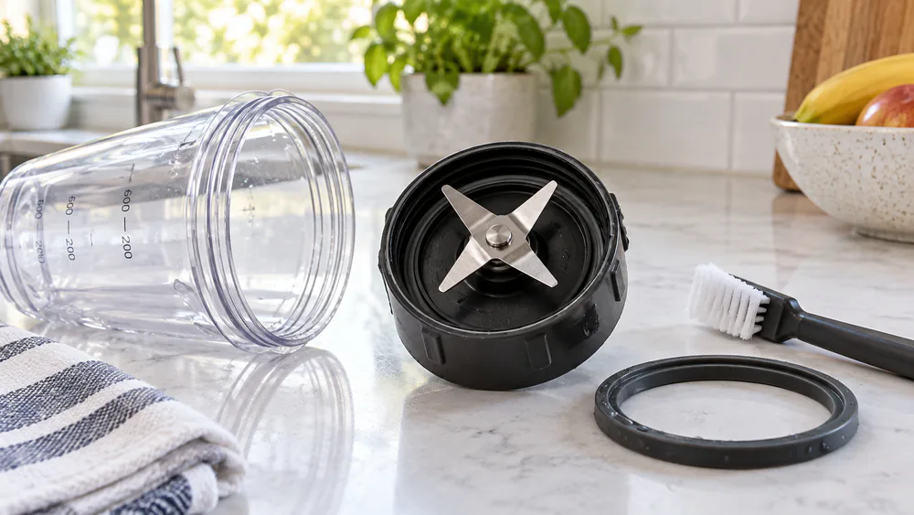 A personal blender blade assembly twisted off a cup, stainless blades and the removable gasket ring visible for cleaning.