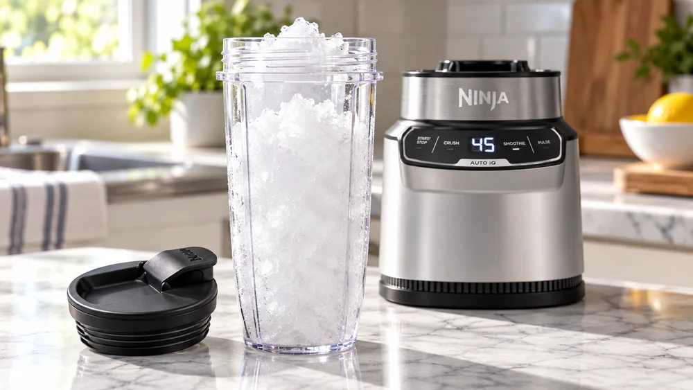 A Ninja Nutri-Blender Pro BN401 24-oz cup filled with freshly crushed ice snow, the spout lid beside it.