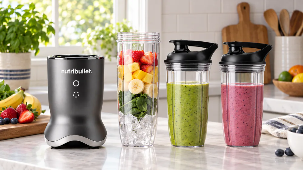 A NutriBullet Ultra NB50500 base with its three cups, 32 oz and two 24 oz, to-go lids on two.