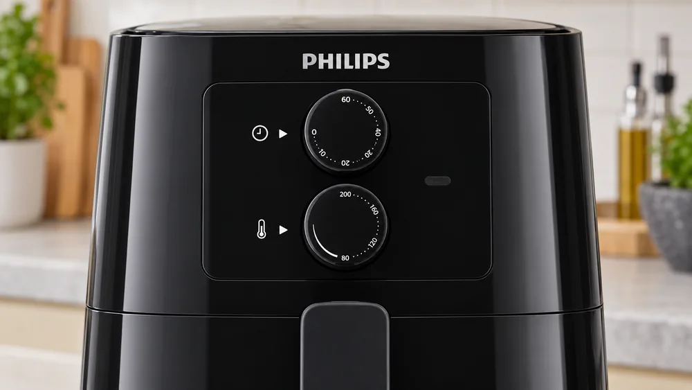Close-up of the analog timer and temperature dials on a Philips Essential Airfryer Compact