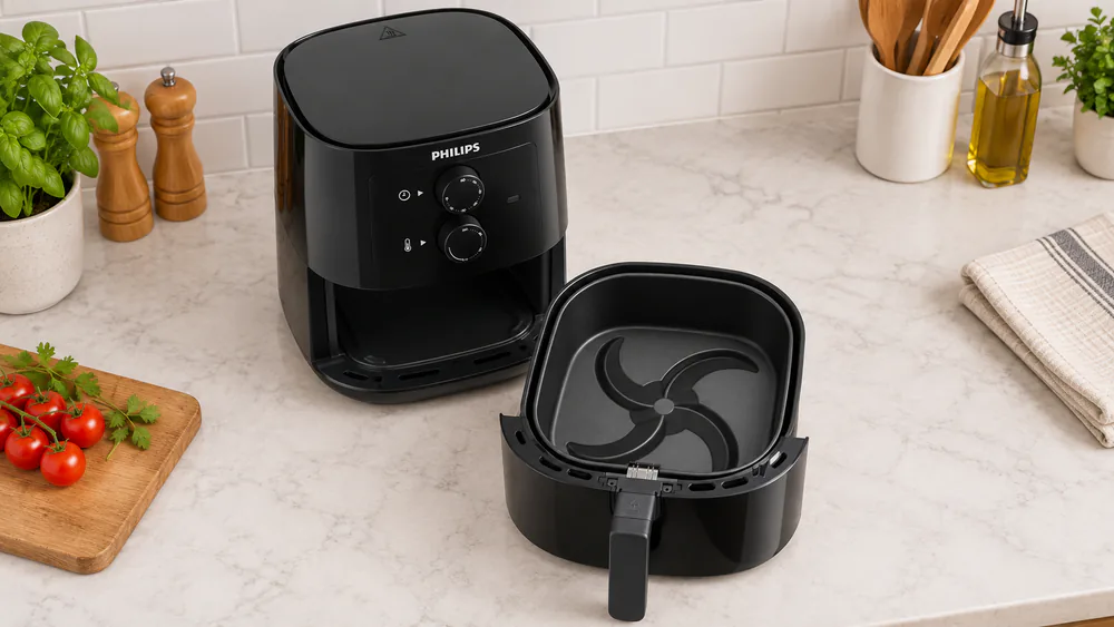 Philips Compact air fryer with its empty drawer removed to show the starfish-shaped bottom