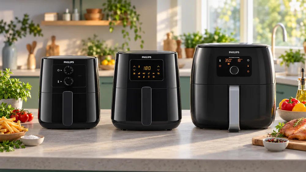Three Philips air fryers in Compact, XL and XXL sizes lined up on a counter to show the difference in footprint