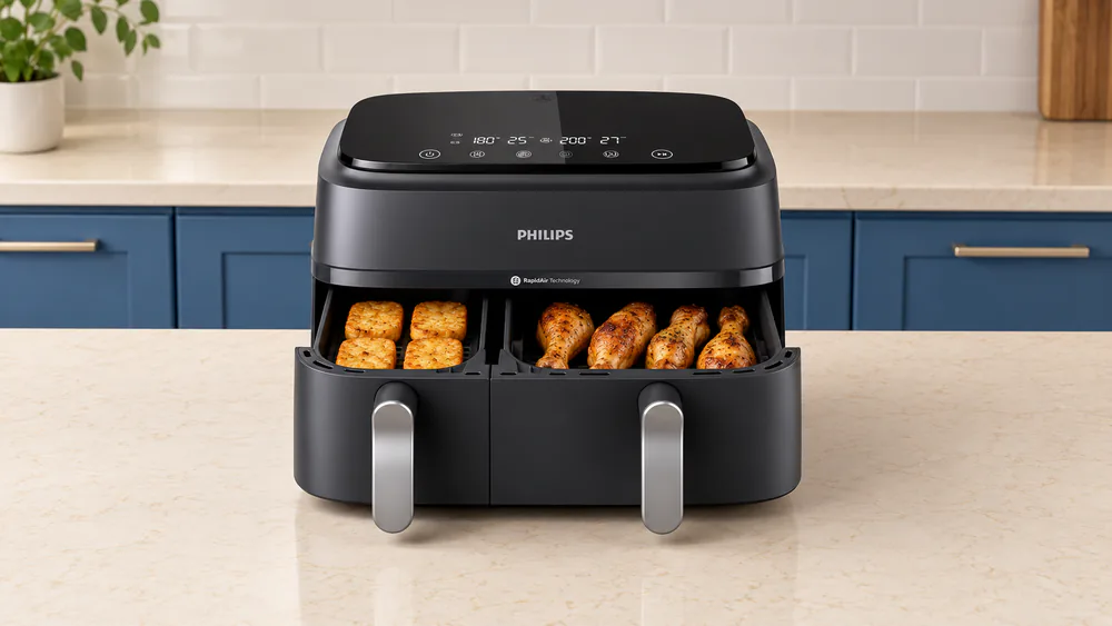A Philips 3000 Series Dual Basket air fryer with both drawers pulled open, chicken legs in the large drawer and hash browns in the small one