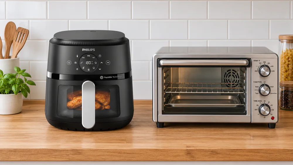 A Philips 2000 Series 6.6 qt air fryer on a kitchen counter next to a convection toaster oven