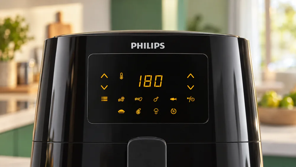 Close-up of the icon-only touchscreen menu on a Philips Essential Airfryer XL
