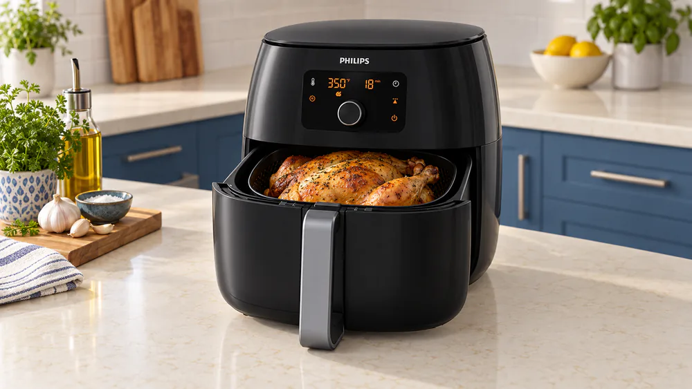 A whole roast chicken sitting in the open basket of a Philips Premium Airfryer XXL on a kitchen counter, skin golden and crisp