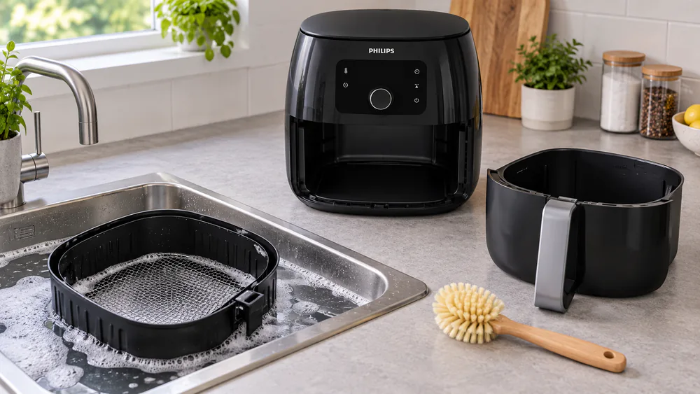 A Philips air fryer basket soaking in a sink of warm water while a bristle brush rests on the counter beside it