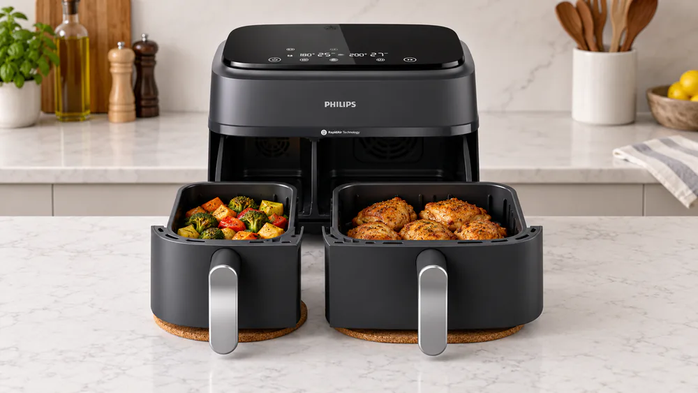 A Philips 3000 Series dual basket air fryer with both drawers pulled out, one holding chicken thighs and the other roasted vegetables