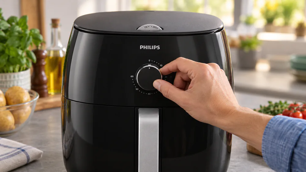 Close-up of the analog timer and temperature dials on a Philips Premium Airfryer XXL HD9630 with a hand turning the timer knob