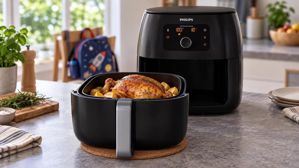 A Philips Airfryer XXL drawer pulled open on a kitchen counter, loaded with a whole chicken and a side of potatoes, with a child's backpack in the background
