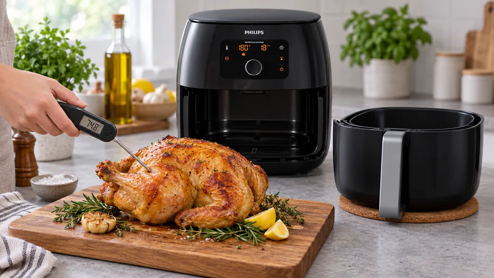 A golden whole chicken lifted from a Philips Airfryer XXL basket onto a cutting board, with a meat thermometer in the thigh