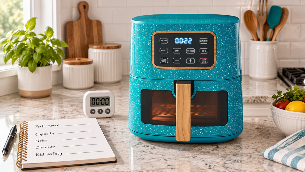 A family kitchen counter with a speckled air fryer, a notepad of scoring notes, a bowl of frozen fries and a timer