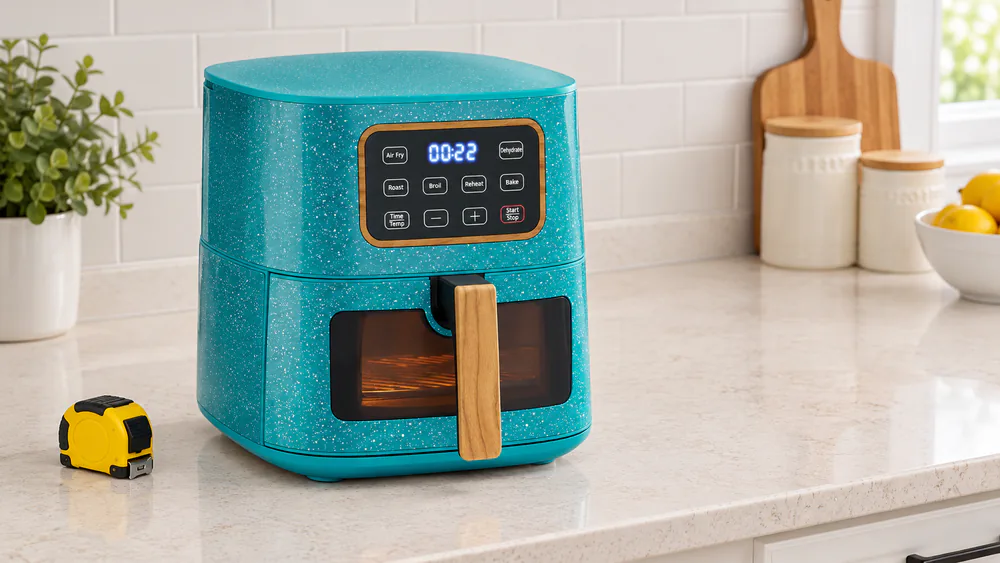 A teal speckled Pioneer Woman air fryer on a clear kitchen counter with a retracted tape measure nearby for checking available space