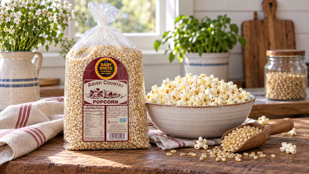 A 6 lb bag of Amish Country Popcorn Baby White kernels beside a bowl of small white popped flakes on a farmhouse table.