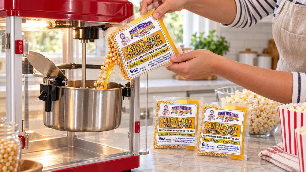 A Great Northern Movie Theater Style 6 oz all-in-one pack being poured into the kettle of a home popcorn machine.
