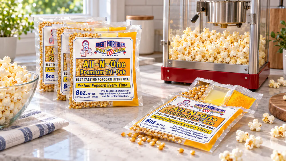 A stack of Great Northern 8 oz all-in-one popcorn packs on a kitchen island, one pack torn open beside an electric popcorn machine.