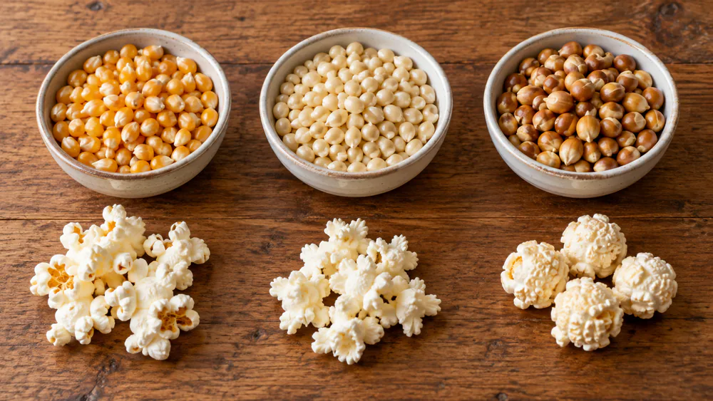 Small bowls of popcorn kernels side by side: yellow butterfly kernels, white hull-less kernels, and round mushroom kernels, with popped flakes in front of each.