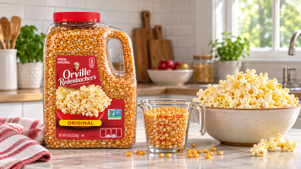 An 8 lb jug of Orville Redenbacher's Gourmet Yellow popcorn kernels on a kitchen counter, next to a measuring cup full of kernels and a bowl of popped yellow flakes.