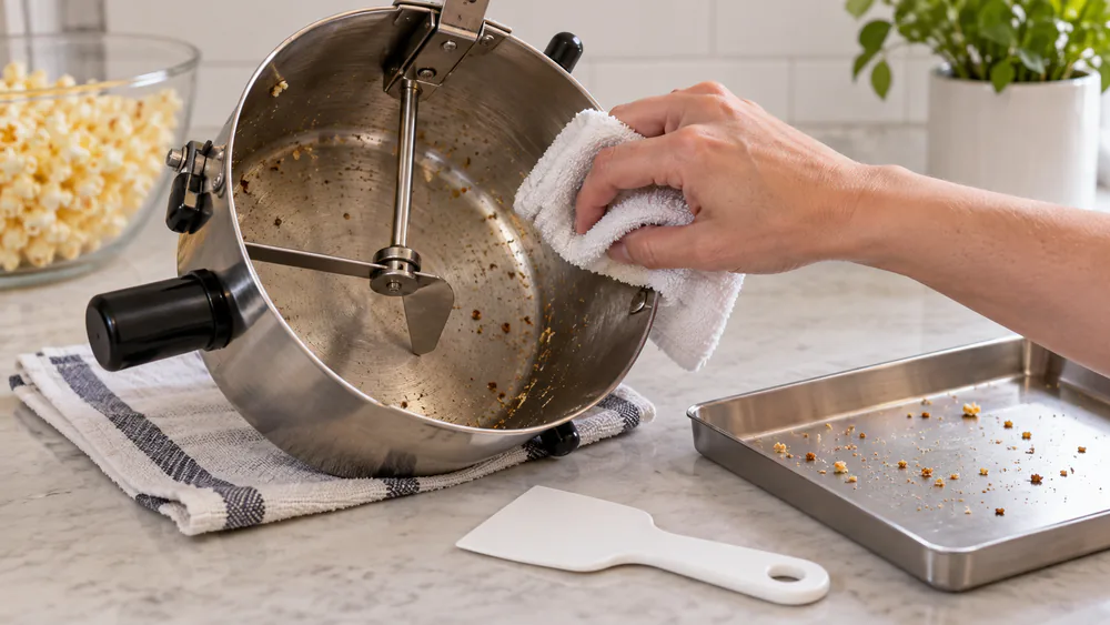 Stainless steel popcorn kettle wiped while slightly warm, with a plastic scraper and crumb tray nearby.