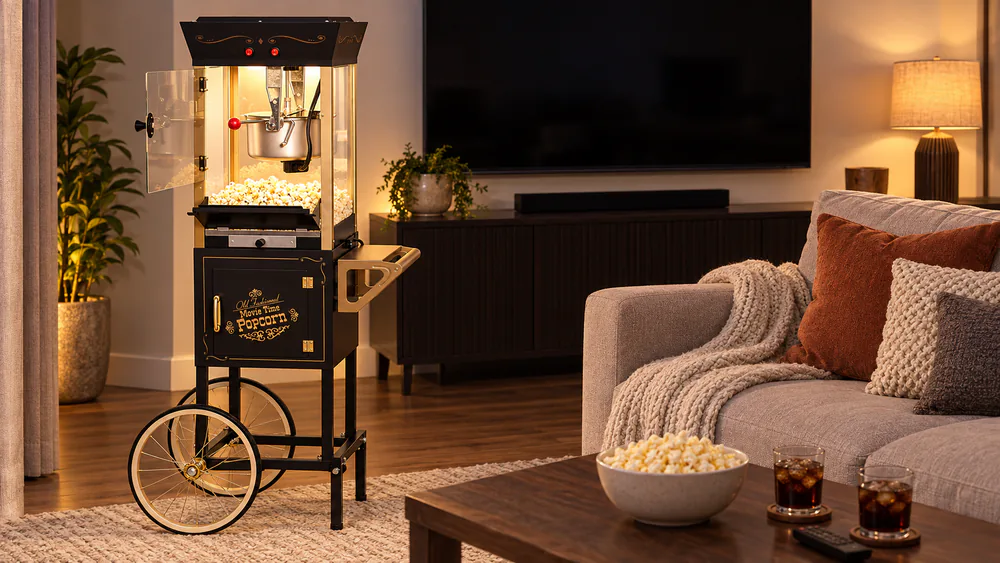 Nostalgia Professional Cart beside a home theater sofa, interior lit, serving door open.