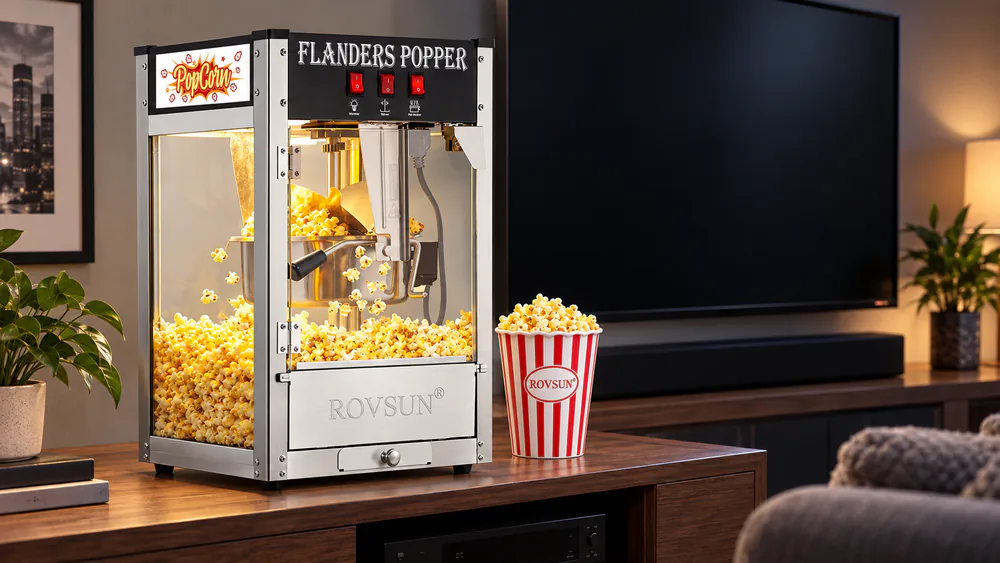 ROVSUN 8 oz countertop popcorn machine on a cabinet beside a popcorn bucket.