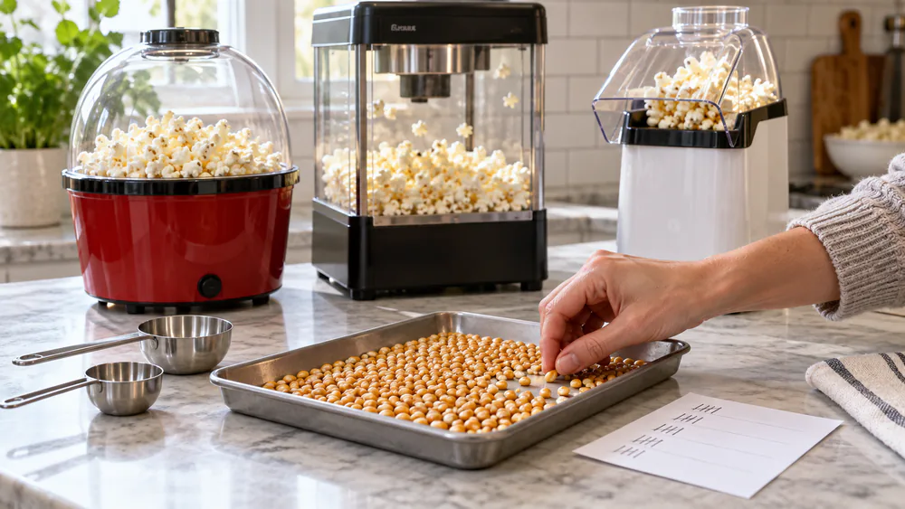 Test kitchen counter with popcorn machines, measuring scoops, and a tray of unpopped kernels counted by hand.