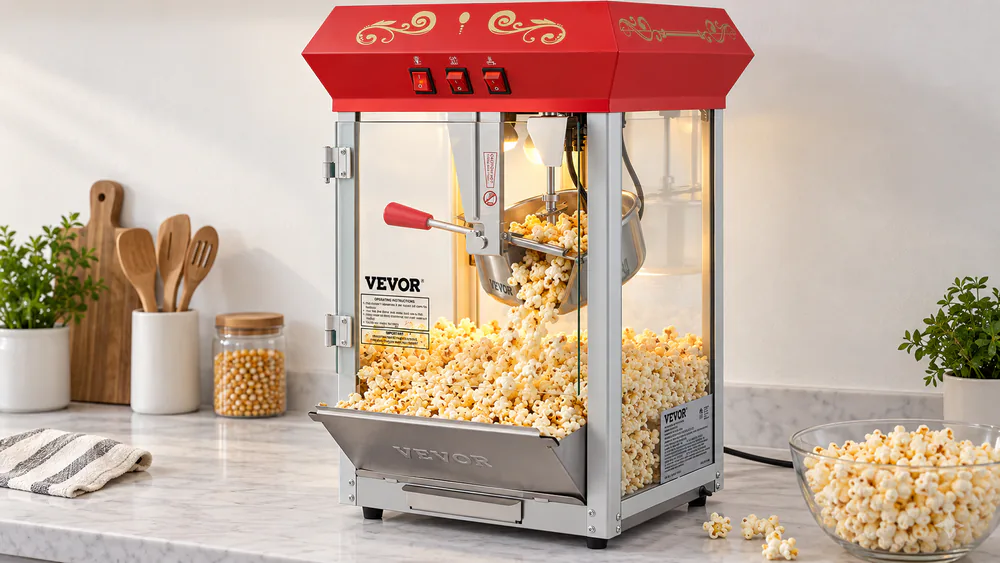 VEVOR 8 oz countertop popcorn machine mid-pop, fresh popcorn spilling onto the warming deck.