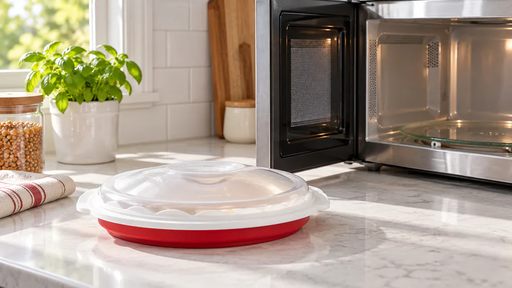 The collapsed Cuisinart Pop & Serve silicone bowl flat on a counter beside an open microwave.