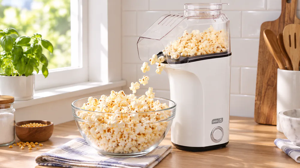 The compact white DASH Fresh Pop on a small counter, chute pointed into a bowl of popped corn.