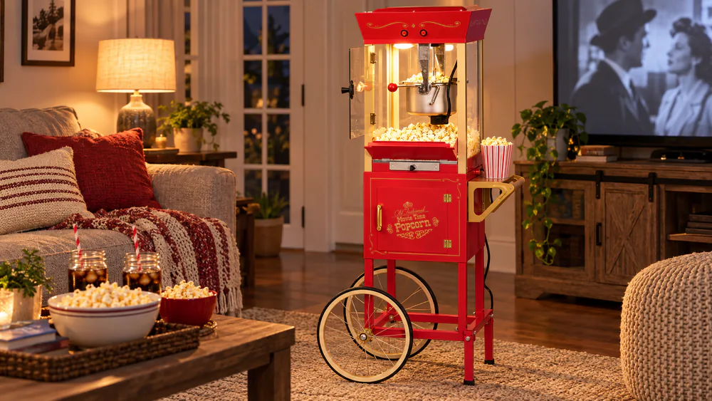 The red Nostalgia Professional Cart wheeled into a living room, its kettle glowing behind tempered glass windows.