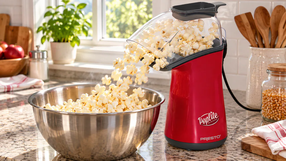 The Presto PopLite air popper running on a counter, chute directing popped corn into a stainless bowl.
