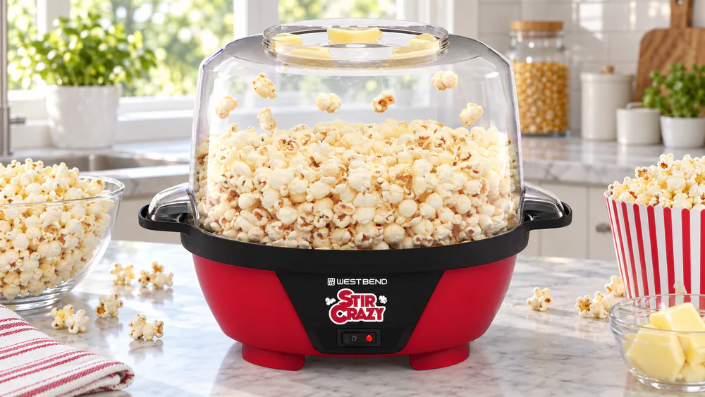 The West Bend Stir Crazy with its vented cover full of popped corn, base and butter well visible on the counter.