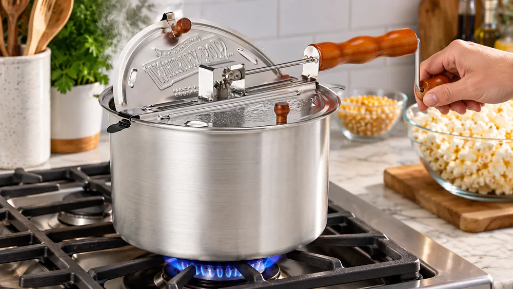 A hand cranking the aluminum Original Whirley Pop on a gas stove, steam rising from the vented lid.
