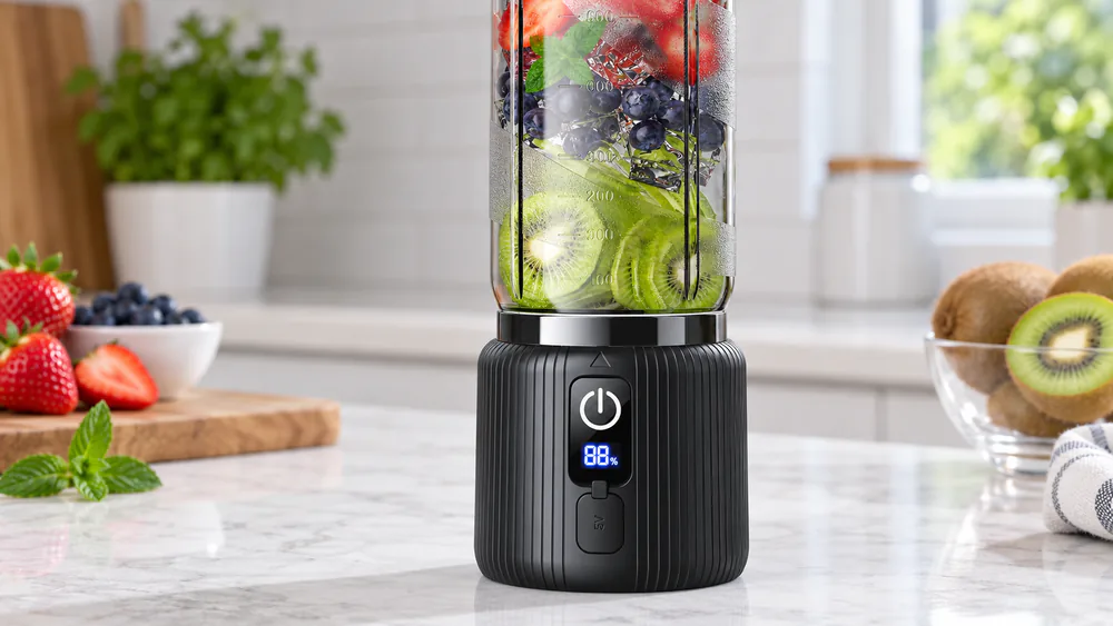 A COKUNST blender on a counter, its LED display showing battery percentage.