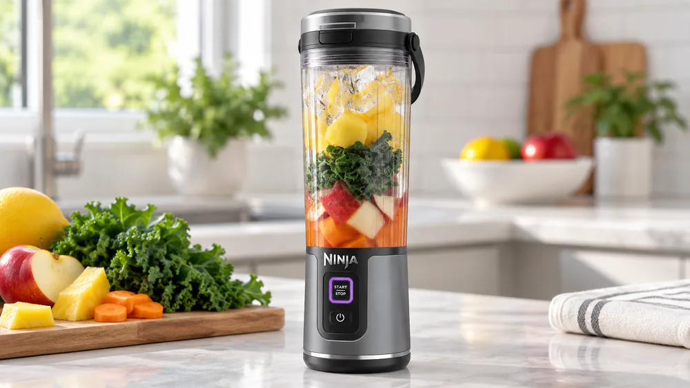 A Ninja Blast cup with its hinged sip lid locked down, ready for a bag.