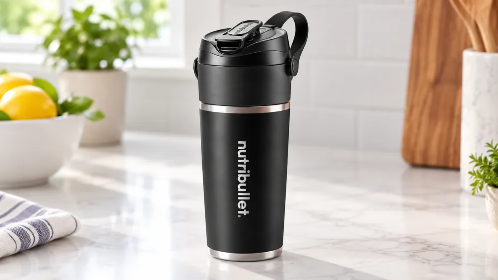 A NutriBullet Flip with its insulated steel cup unscrewed, ice visible inside.