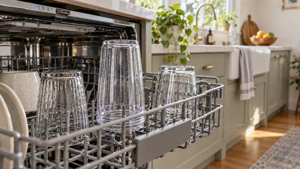 A blender vessel upside down in the top rack of an open dishwasher.