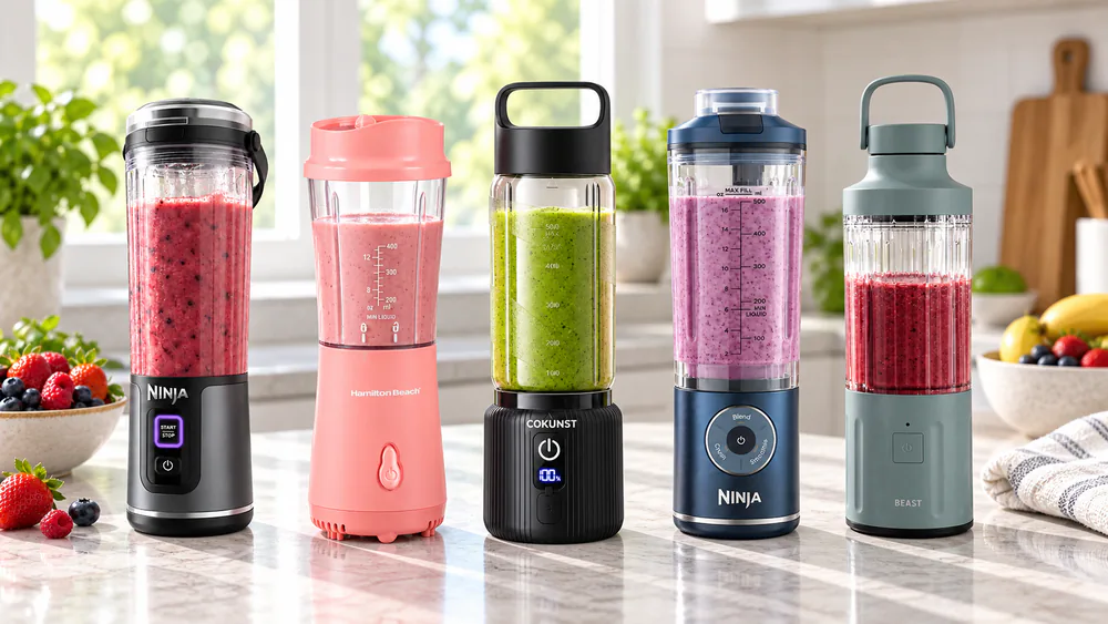 Seven portable blenders lined up on a test counter.